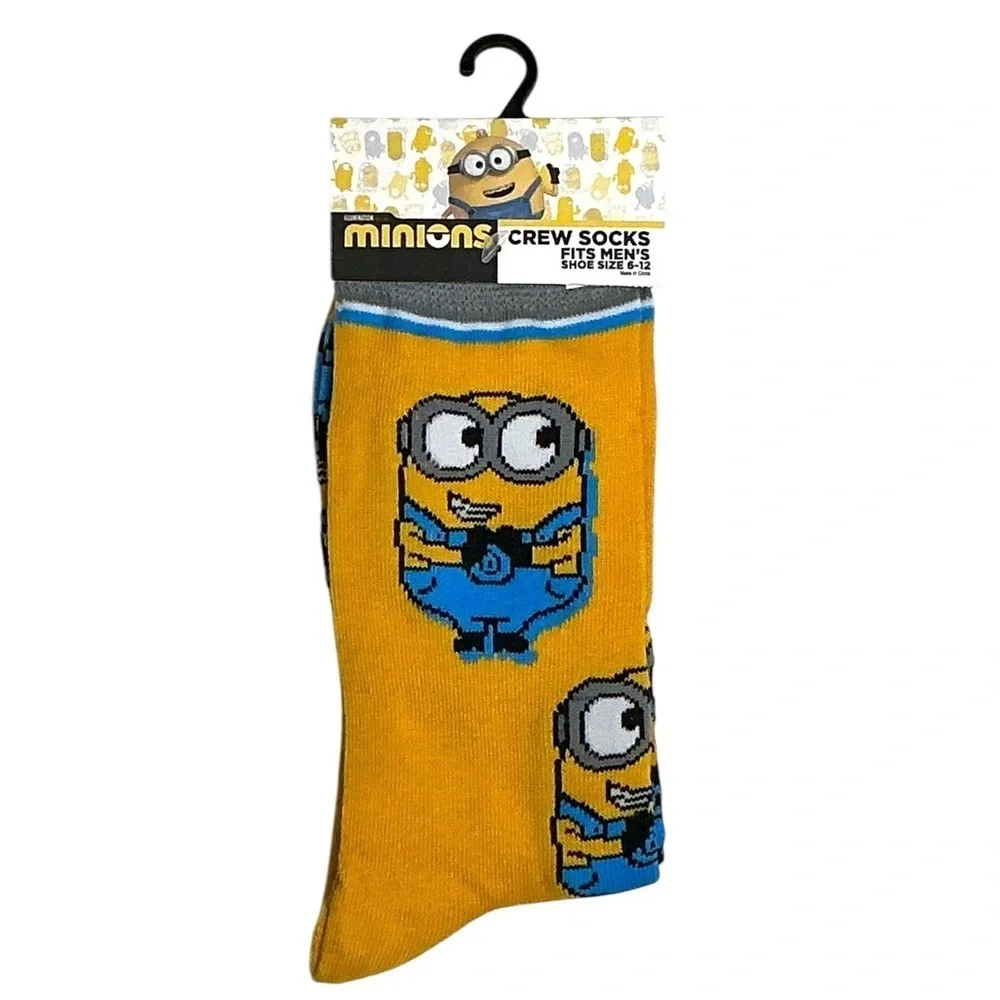 Despicable Me Minions  Novelty Crew Socks Yellow Blue Unisex Mens 6-12 Shoe Size